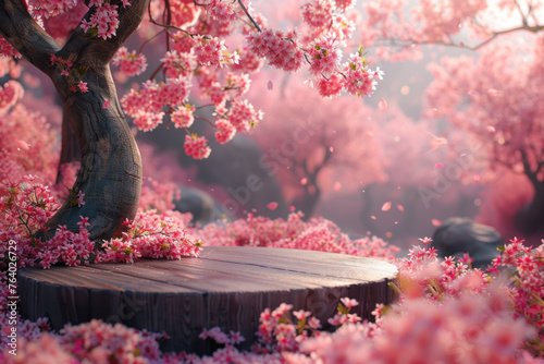 Empty podium on cherry blossom background. Generative ai. © tonktiti