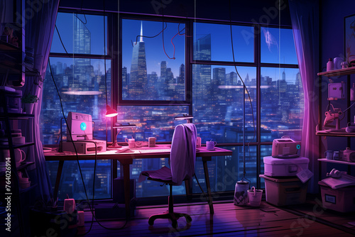 Illustration of the interior of a futuristic sewing studio in neon colors. Work table with sewing tools. View of downtown at night from the window. AI generated
