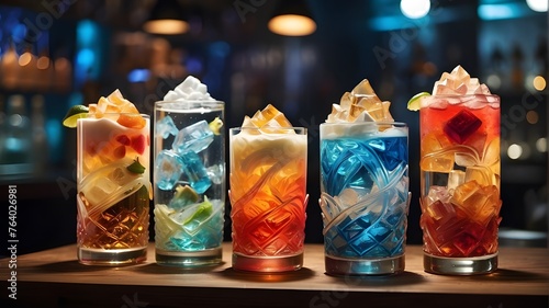 five glasses filled with various cocktails. Each cocktail has a unique color and garnish. The leftmost cocktail has a whipped cream topping, the second from the left has,christmas candles in the glass photo