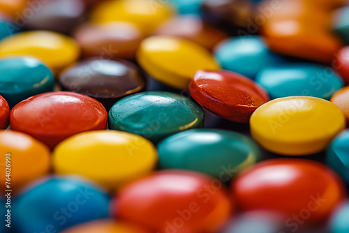 Closeup of colorful pills and vitamins. Health, medicine, and wellness concept