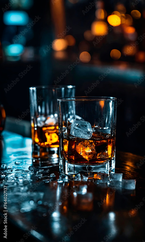 Whiskey on the rocks in two glasses, with sharp focus and a bokeh of bar lights in the background, evokes an upscale nightlife setting.