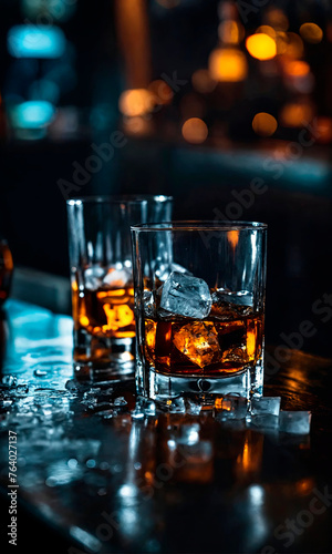 Whiskey on the rocks in two glasses, with sharp focus and a bokeh of bar lights in the background, evokes an upscale nightlife setting.