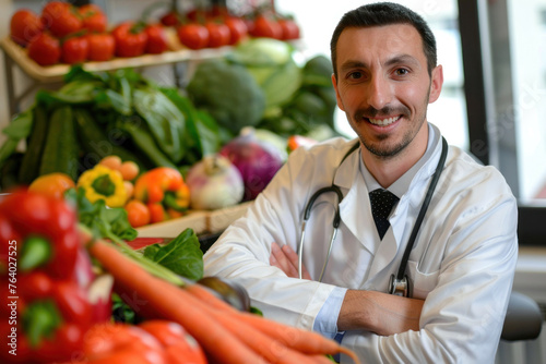 A male doctor with a stethoscope smiles confidently with a backdrop of colorful vegetables, promoting health and nutrition
