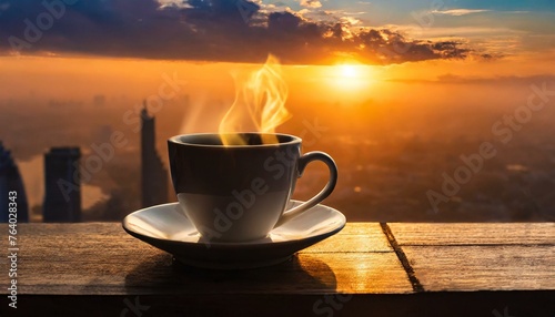 Coffee cup on sunrise background