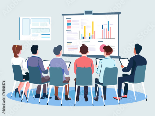 Business people listening to a presentation in a conference room, corporate training vector illustration