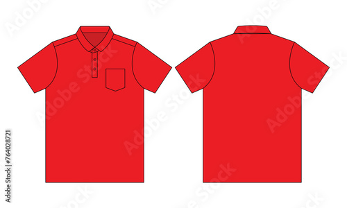 Blank red short-sleeve polo shirt with a left chest pocket on a white background. Front and back views, vector file.