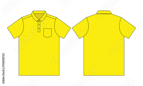 Blank yellow short-sleeve polo shirt with a left chest pocket on a white background. Front and back views, vector file.