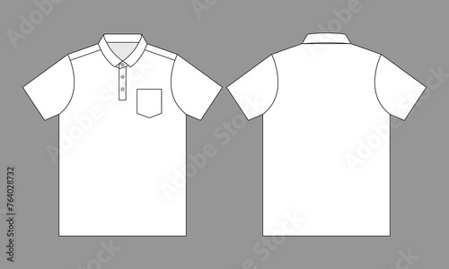 Blank white short-sleeve polo shirt with a left chest pocket on a gray background. Front and back views, vector file.