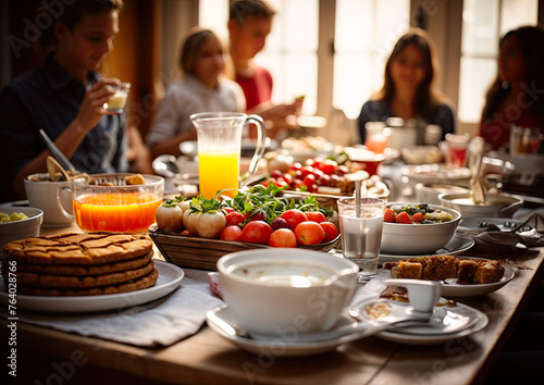 Group of people having breakfast at home Selective focus on foreground