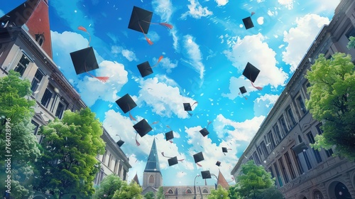 graduates student Graduation caps thrown in the Air Blue sky
