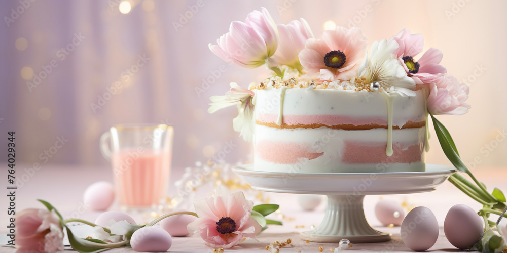 Cozy Easter card template. Funny easter bunny with eggs. Happy Easter backdrop. Spring celebrations background.