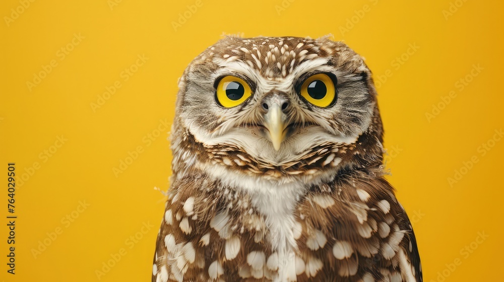 studio headshot portrait owl smiling against a yellow background studio headshot portrait owl smiling against a yellow background