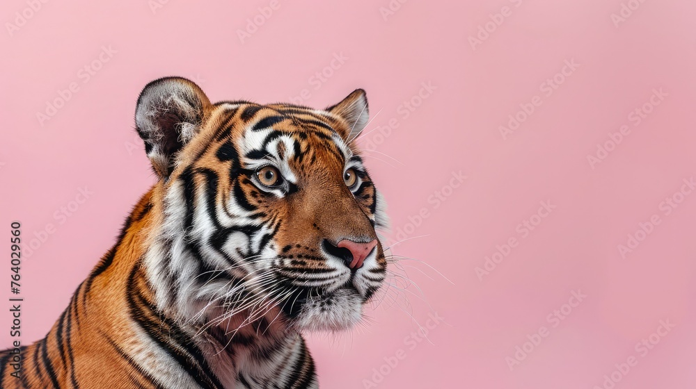studio headshot portrait tiger smiling against a pink background studio headshot portrait tiger smiling against a pink background