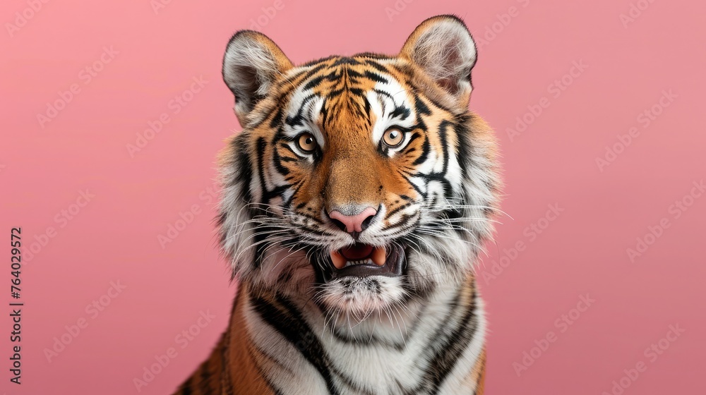 studio headshot portrait tiger smiling against a pink background