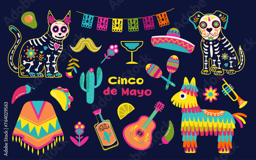 Cinco de Mayo sticker set, May 5, federal holiday in Mexico. Decorated skulls, flowers, skeleton, cactus, sambrero, tequila, guitar. Vector illustration background. 