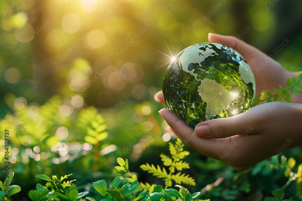 Hands holding a green earth globe against a sunny background , high resolution Hands holding a green earth globe against a sunny background , high resolution