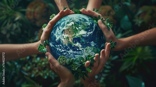 World Earth Day Concept.Hands of People Embracing green earth. Green Energy, ESG, Renewable and Sustainable Resources. Environmental Care.