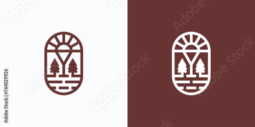 Vector logo design line emblem of glass, sun, pine tree and lake in modern, simple, clean and abstract style.