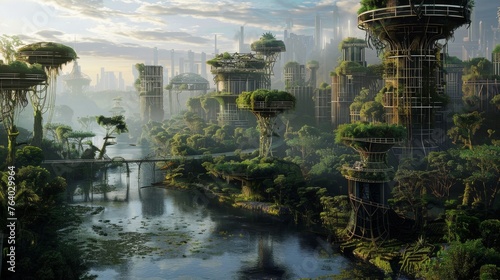Futuristic City Surrounded by Trees and Water