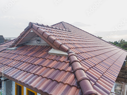 Aerial view modern house roof top building brown brick roof