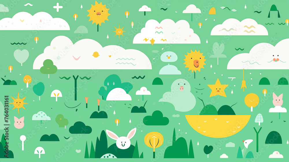 Whimsical Nature Scene with Smiling Elements and Playful Animals Whimsical Nature Scene with Smiling Elements and Playful Animals