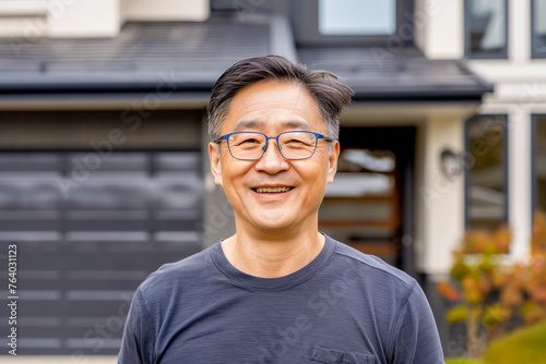 Middle aged asian man posing in front of the his house