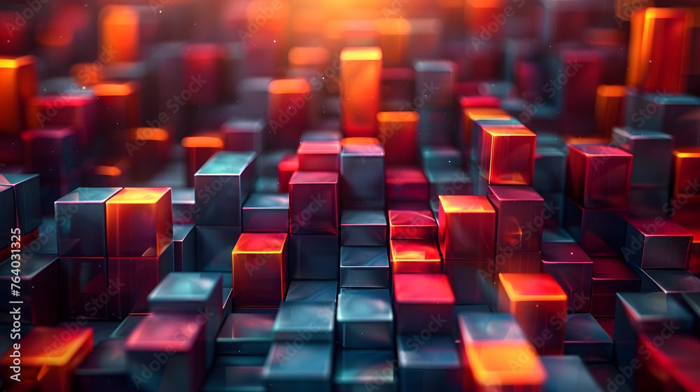 Obraz premium A visually striking 3D render of red and blue cubes, with a glowing effect that creates a warm, futuristic landscape