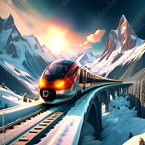 , AI Generated. Red train under snowcapped mountain