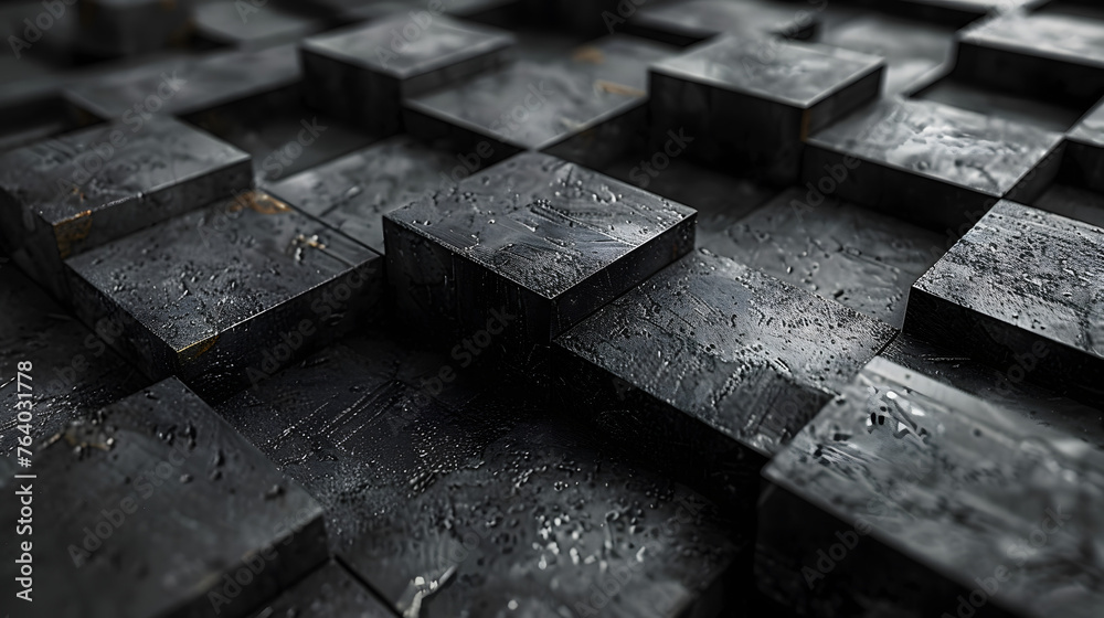 Close-up of an array of black cubes with glistening wet surfaces creating a dark and moody atmosphere Close-up of an array of black cubes with glistening wet surfaces creating a dark and moody atmosphere