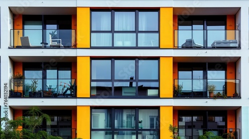 A building fragment featuring windows and balconies. Modern home with multiple units.