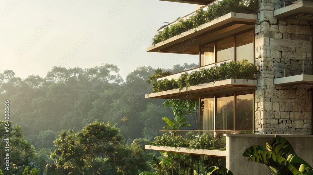 A residential building's exterior features balconies, stone columns, and a flat roof. Outside the home, you can see lush trees with green foliage against a hazy sky.