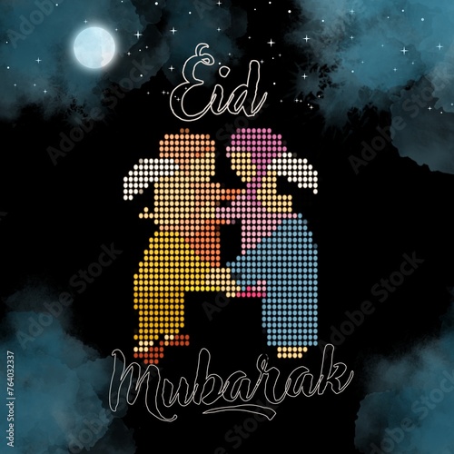 Eid Mubarak: Floral Moonlight Calligraphy with Children in the Sky. Eid Mubarak s enchanting calligraphy intertwines with celestial elements - flowers, moon, and a starry sky - while playful children  photo