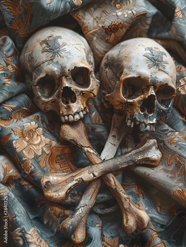 Weathered Pirate Skulls and Crossbones on Aged Fabric with Adventurous Undertones and Muted Color Grading
