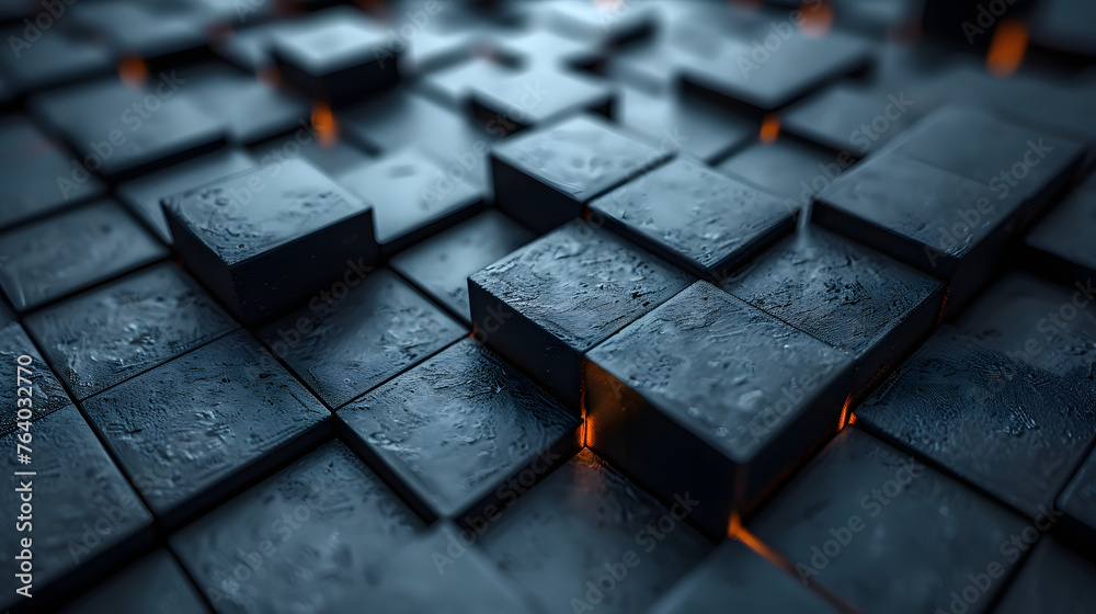 An atmospheric 3D render of black tiles lit with an ambient orange glow adding a touch of warmth to the sleek textured pattern An atmospheric 3D render of black tiles lit with an ambient orange glow adding a touch of warmth to the sleek textured pattern