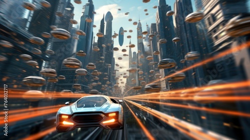 a futuristic cityscape with hovering, electric-powered cars gracefully gliding amidst towering skyscrapers. photo