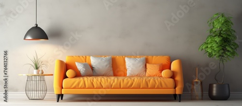 A modern living room setting featuring a vibrant orange sofa and a green plant