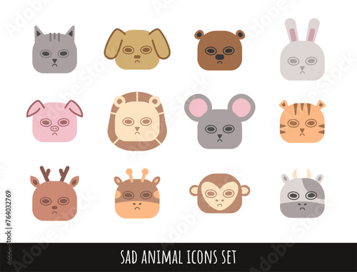 Colored sad animals cartoon style stickers set