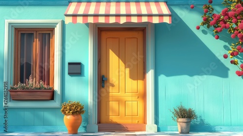 Colorful front door in a retro design with an awning and porch. front picture of the building at the entrance door photo
