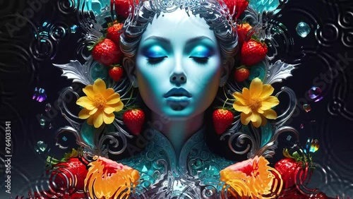Wallpaper Mural Surreal Beauty with Flowers, Berries, and Fruits Amidst Rippling Water Droplets Video Intro Mockup. Fantasy Portrait of Woman with Fruits and Flowers Surrounded by Water Droplets Video Intro Mockup. Torontodigital.ca