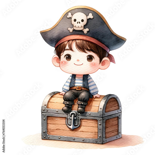 Cute Child Pirate Sitting on Treasure Chest
