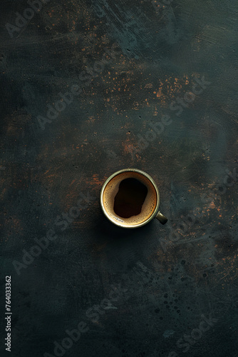 Topdown view of an isolated coffee on a table in a dark room