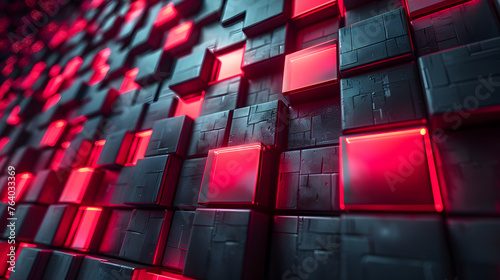 A creative depiction of a pattern of dark cubes illuminated by a dynamic and vibrant red light