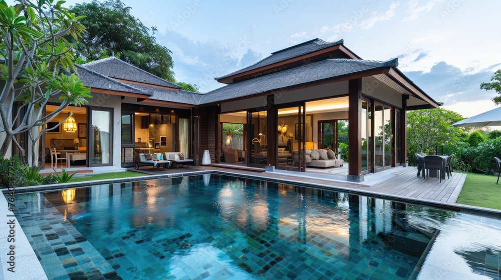 Home or House Exterior design of a tropical pool villa.