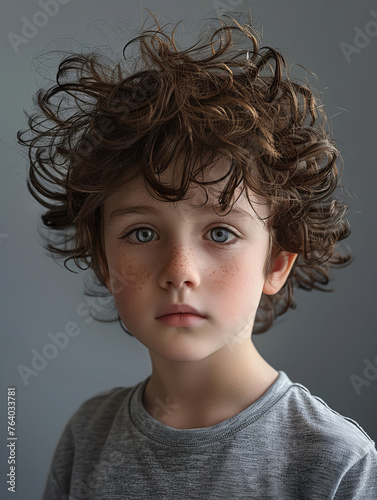 A close-up portrait of a child with curly brown hair and thoughtful look, set against a gray backdrop © road to millionaire