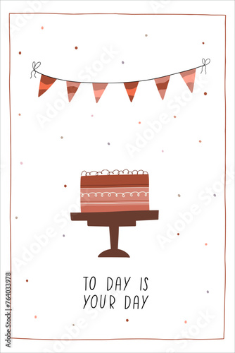 Birthday card. Awesome cream puff iwith birthday candle, children's birthday party, birthday cake. Vector card with nice animals.