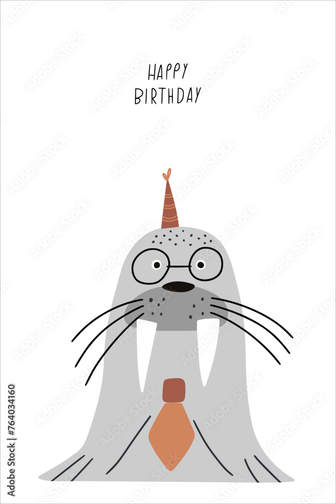 Fototapeta premium Birthday card. Awesome cute walrus in birthday party hat, children's birthday party. Vector card with nice animal.