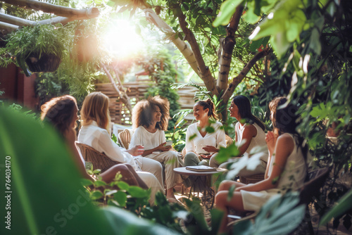 Group of women in white outfits conversing in a lush garden photo