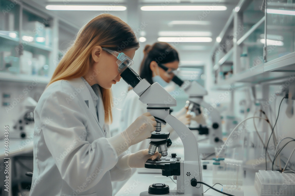 Scientists working with microscopes in a lab Scientists working with microscopes in a lab