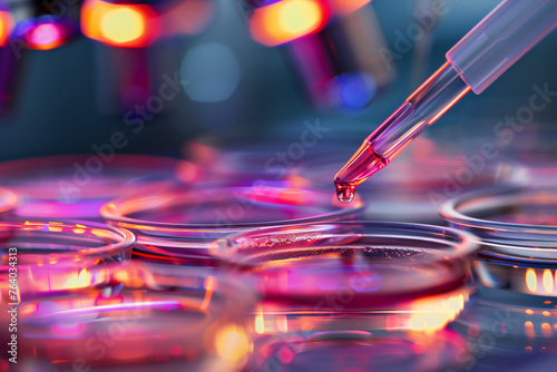 Close-up of a pipette and petri dishes in a laboratory 