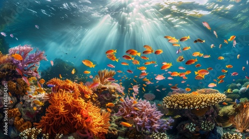 Group of Fish Swimming Above Colorful Coral Reef © Prostock-studio